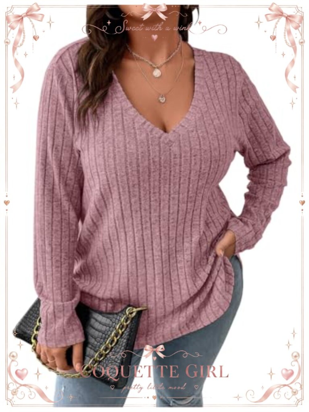 Plus Size Knit Sweater V Neck Long Sleeve Tunic Blouse Lightweight Pullover